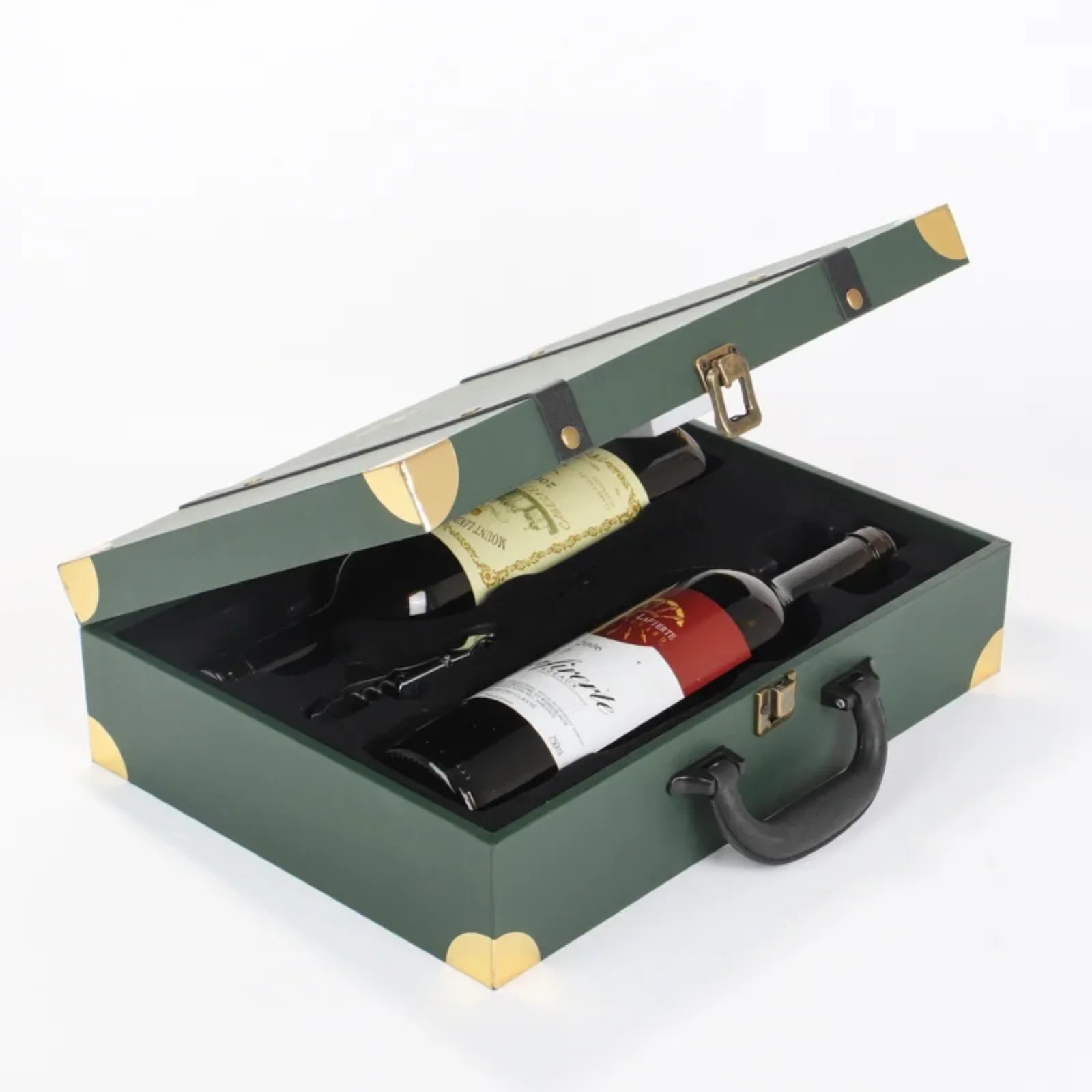 Luxury Vintage Leather Handled Double Bottle Flip Top Wine Gift Box 2