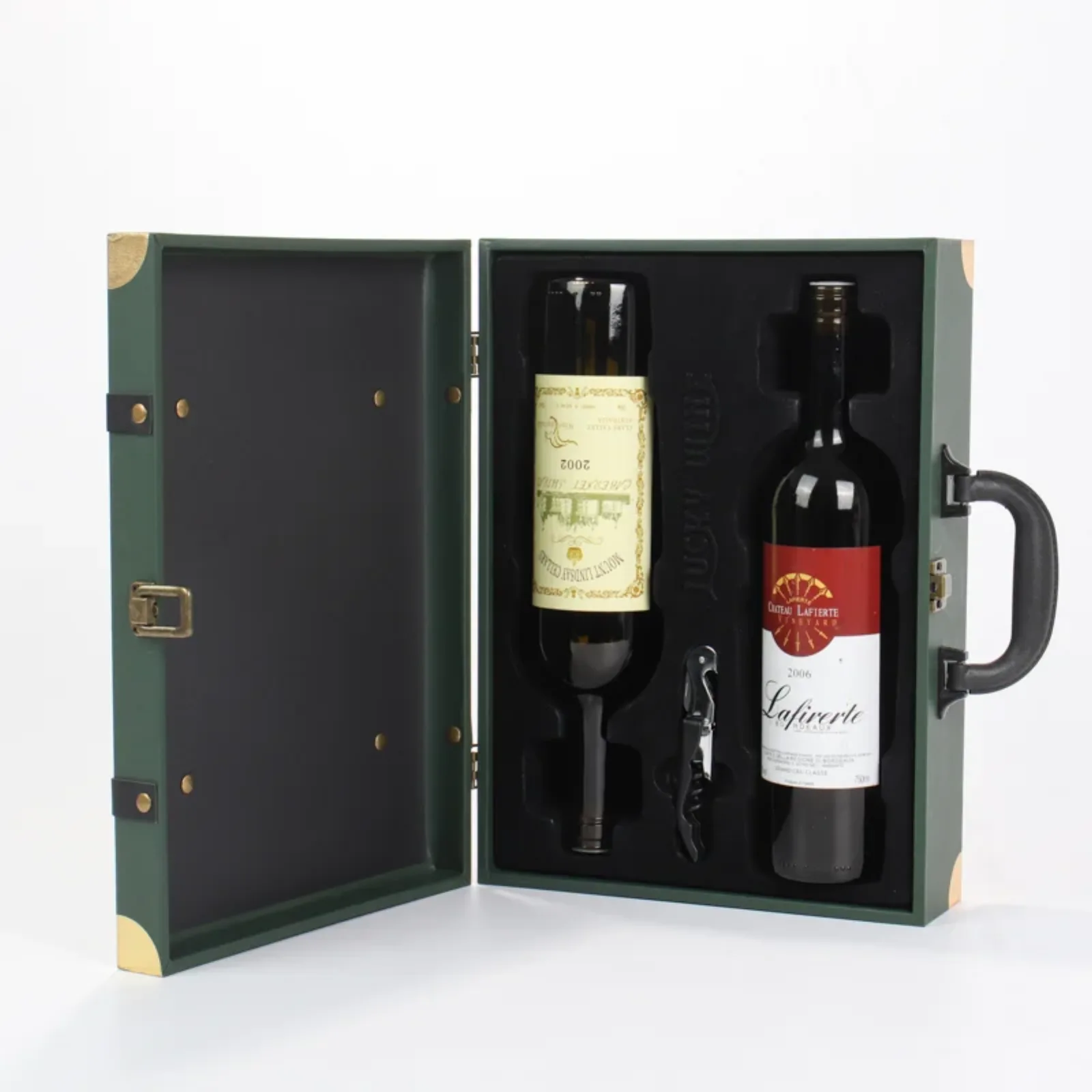 Luxury Vintage Leather Handled Double Bottle Flip Top Wine Gift Box 5