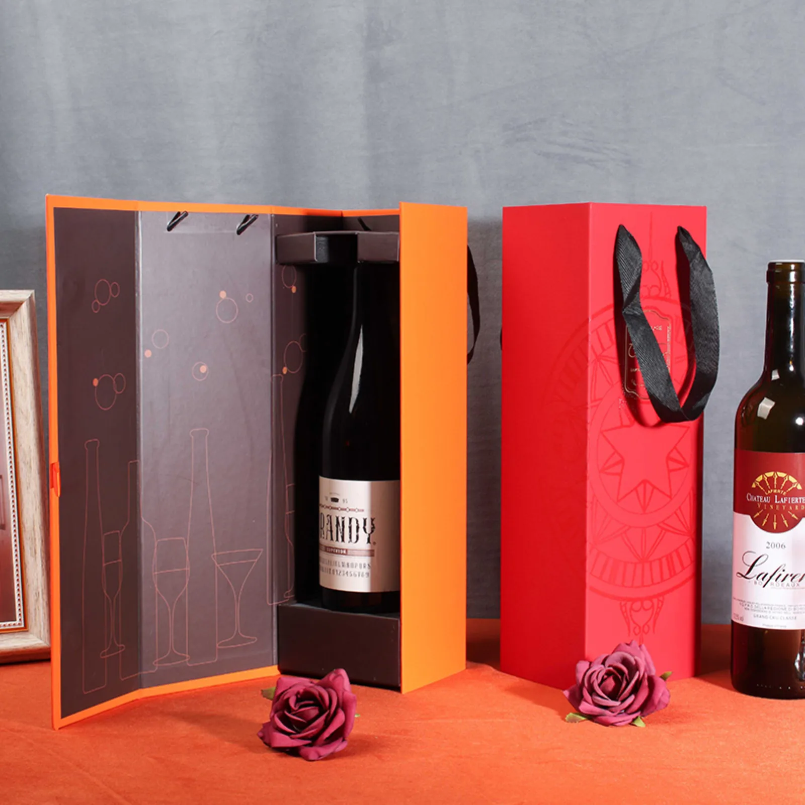 Single Bottle Foldable Cardboard Wine Box with Ribbon Handle 2